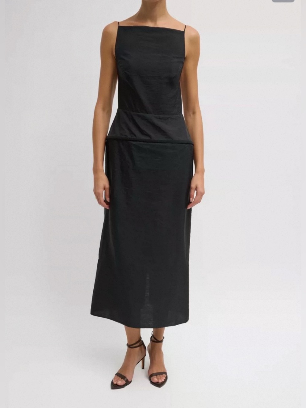 NEW Tibi Chassis Hoop Strappy Sleek Black Textured Midi Dress in Black size 2